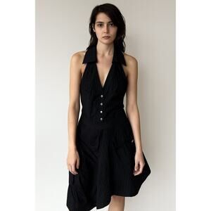 Karen Millen Striped Sleeveless Halter Neck Open Back Mini Dress Black Women's 6